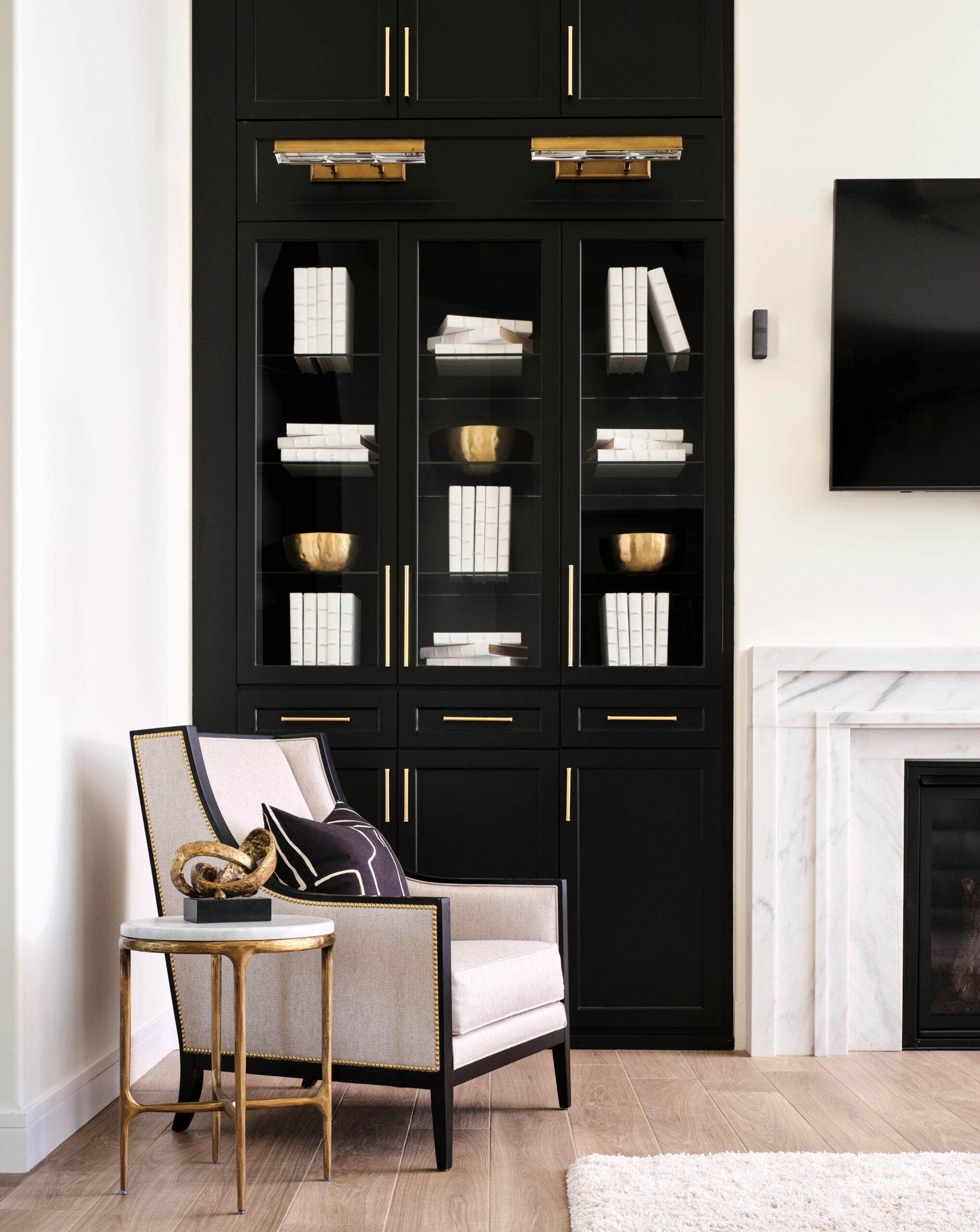 Omaha Interior Designer, Haven Design and Construction,San Antonio Builder,San Antonio Interior Designer,black bookcase ideas, marble fireplace mantel, white oak