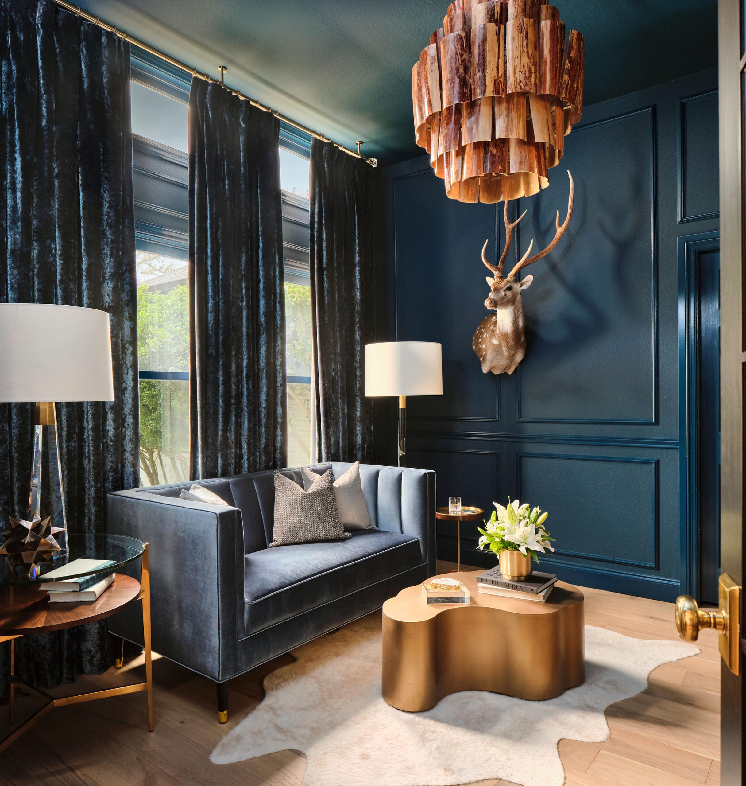 Men's blue themed speakeasy lounge - customer interior design